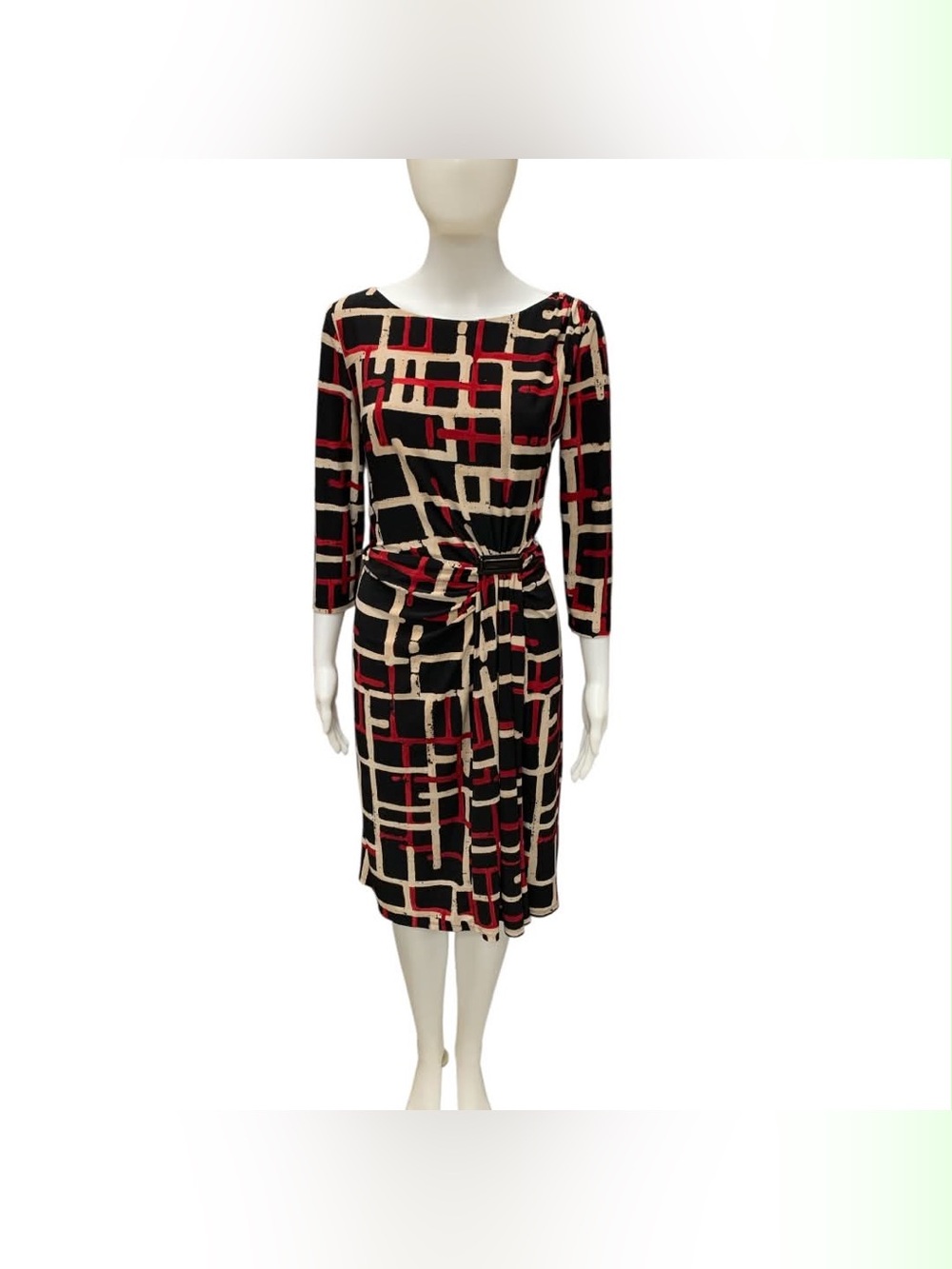 Evan Picone Black, Red & Cream Geometric Knot-Waist Dress Size M